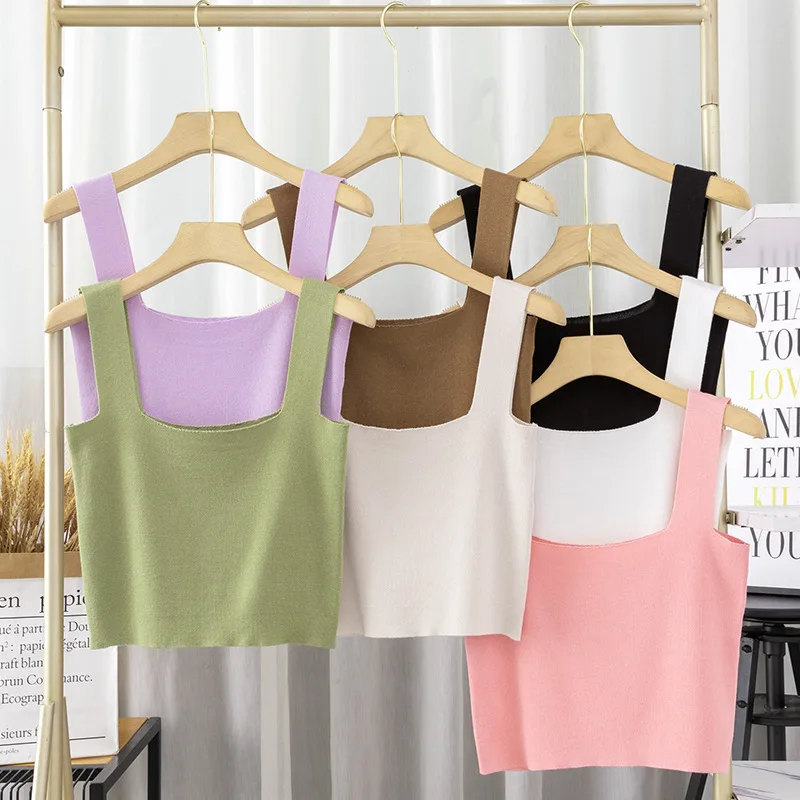 Latest design women knitted vest square collar sleeveless top casual solid color knit vest