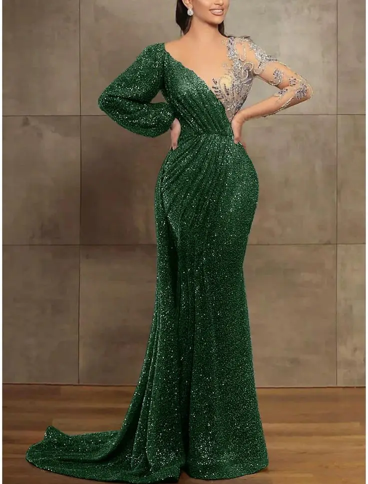 Mermaid _ Trumpet Evening Gown Elegant Dress Formal Christmas Court Train Long Sleeve Illusion Neck Sequined with Pleats Sequin