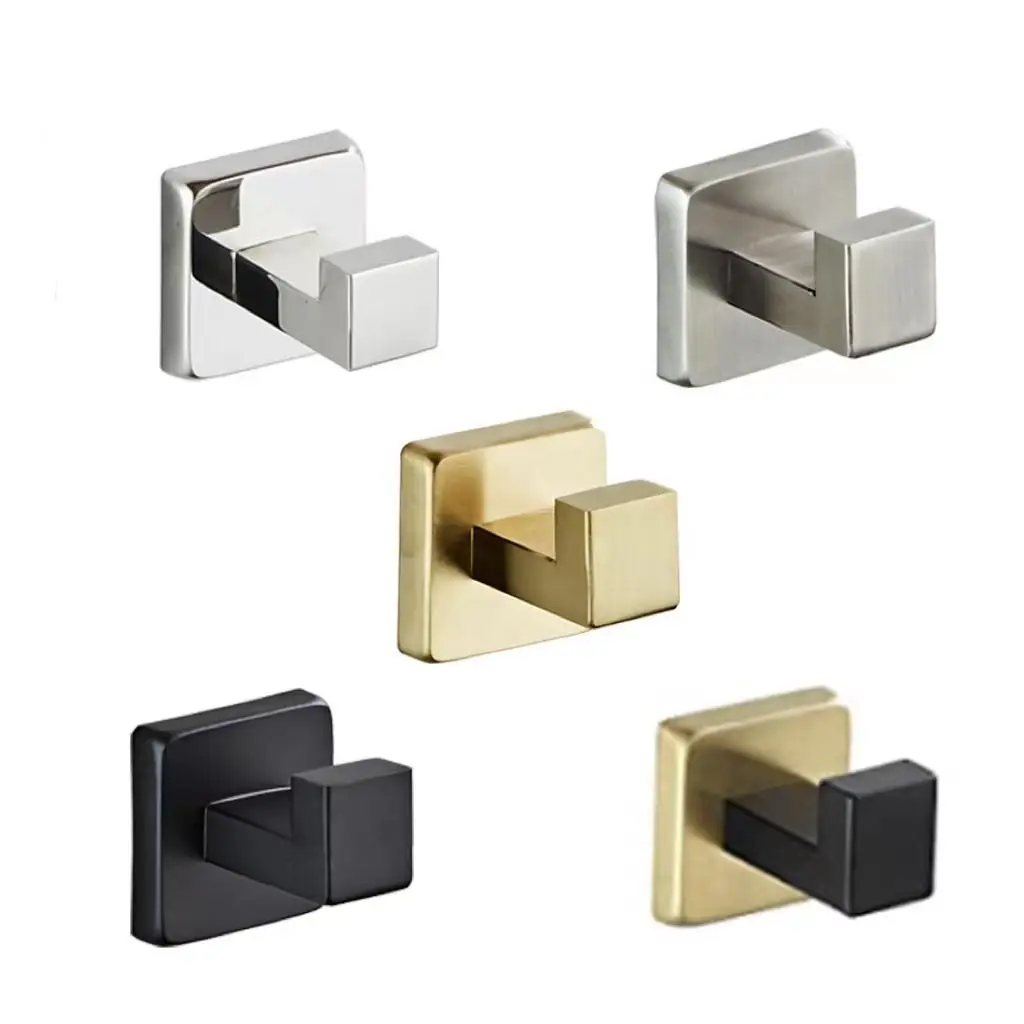 Unique Design Towel Hooks for Bathrooms Brush Nickel Stainless Steel Hook Modern Square Heavy Duty Wall Mount Clothes Hook