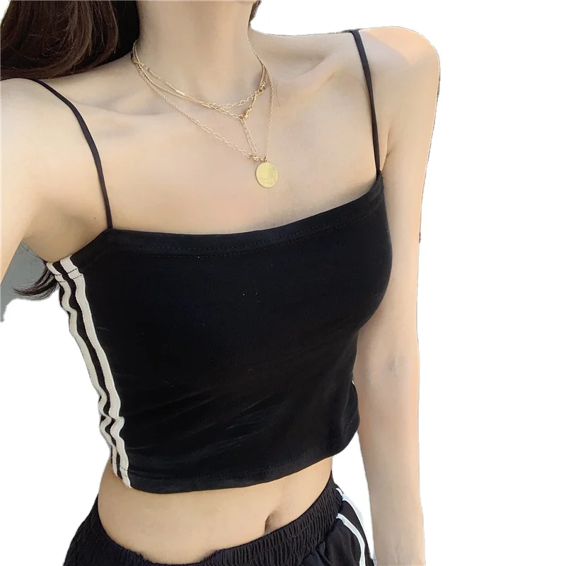 
New ice silk traceless one-piece halter tank top with thin shoulder strap chest wrap short striped camisole 
