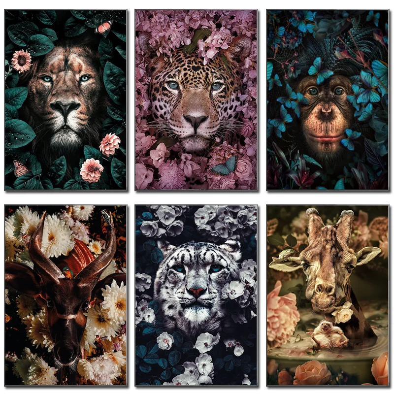 Flower Animal Lion Tiger Deer Leopard Abstract Canvas Painting Wall Art Nordic Print Poster Decorative Picture Living Room Decor