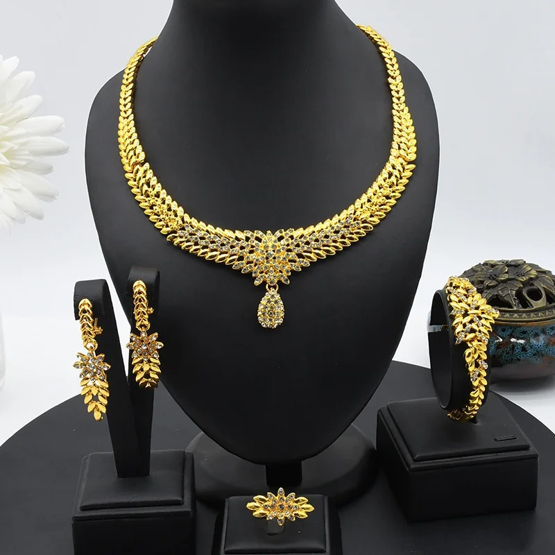 Wholesale Middle East Bridal Wedding Dubai 24k Gold Plated Jewelry Sets Bracelet Earrings Ring Necklace Jewelry Set For Woman