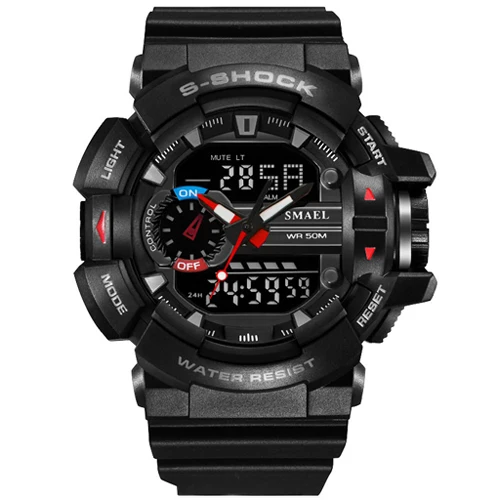 
Smael 1436 new fashion sport military cool red digital&quartz 5ATM water resistant plastic unisex wrist watches with PU strap 