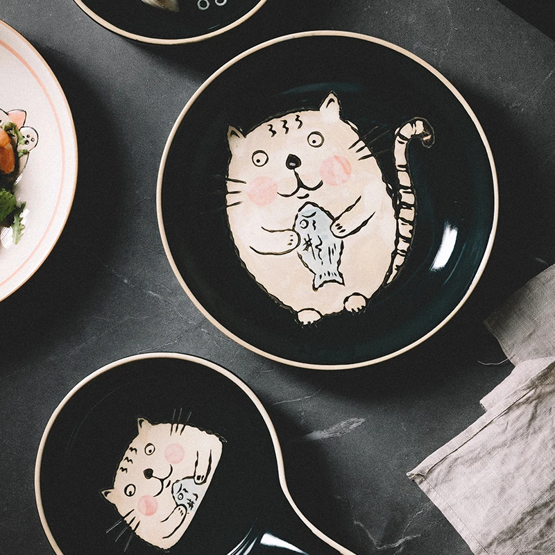 
Jade-cer black white color ceramic handle plate porcelain deep plate dinnerware sets 