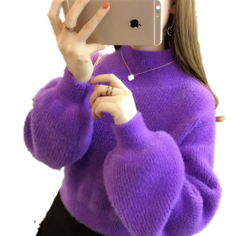 Wholesale New Arrival Fashion women middle high neck batwing sleeve super soft mohair pullover sweater