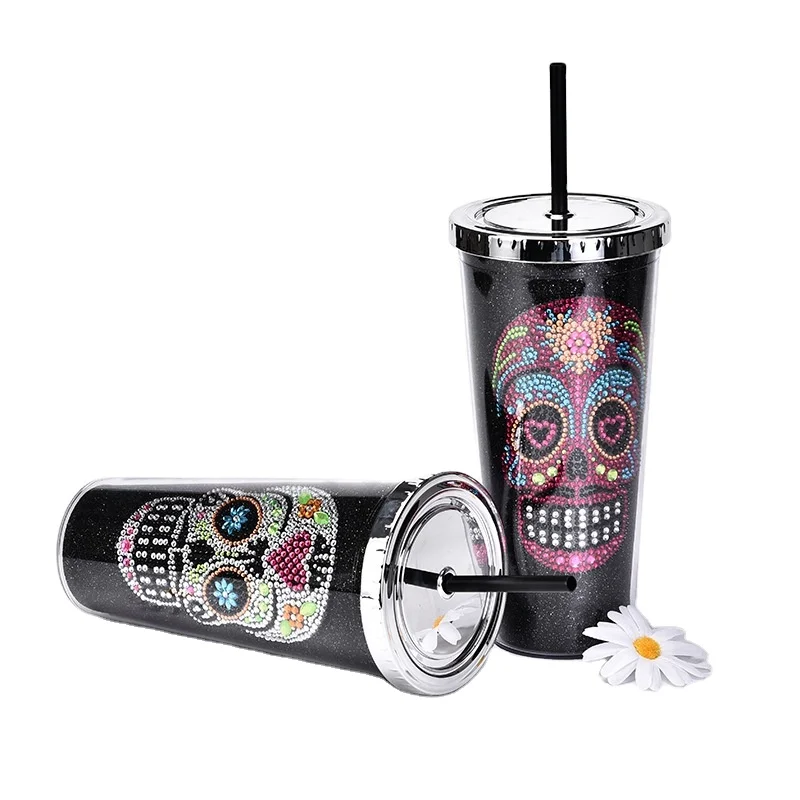 Template Double-layer Plastic Straw Halloween Skull Head Water Cup