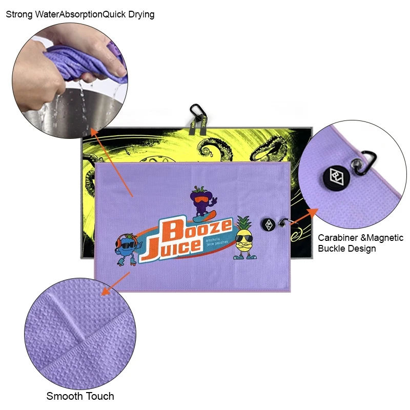 Custom Personalized Logo Microfiber Waffle Golf Towel Sublimation Printing Embroidery Cotton Golf Towel With Hook