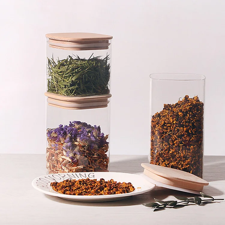 Wholesale Kitchen use clear Nut candy effervescent Square high borosilicate kitchen storage glass jars setwith lids