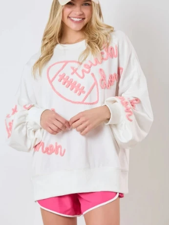 Professional manufacturer round neck oversized sweatshirt custom designer fashion tinsel embroidery white sweatshirt women