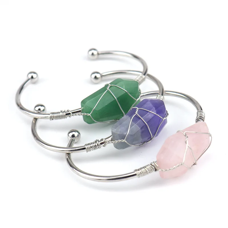 Handmade Amethyst rose quartz tiger eye Bracelet Winding Natural Stone open Hand made rough stone Cuff Bangle