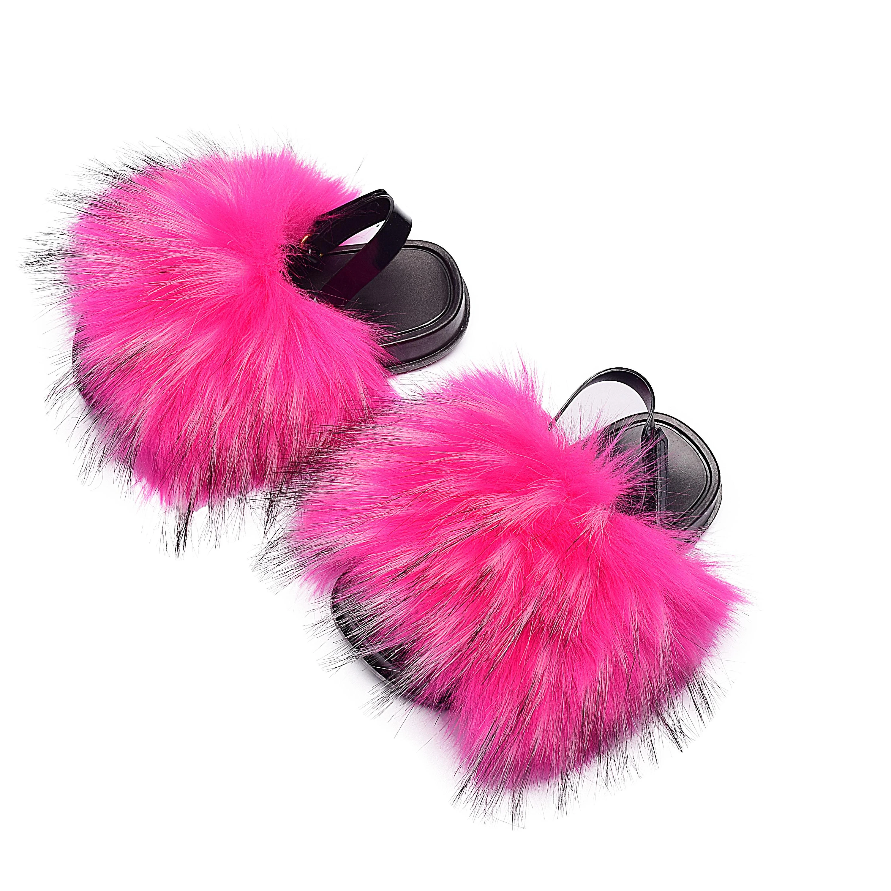 
Baby Fur Furry Cute Shoes Real Fox Fur Sandals Raccoon Slippers for Kids 