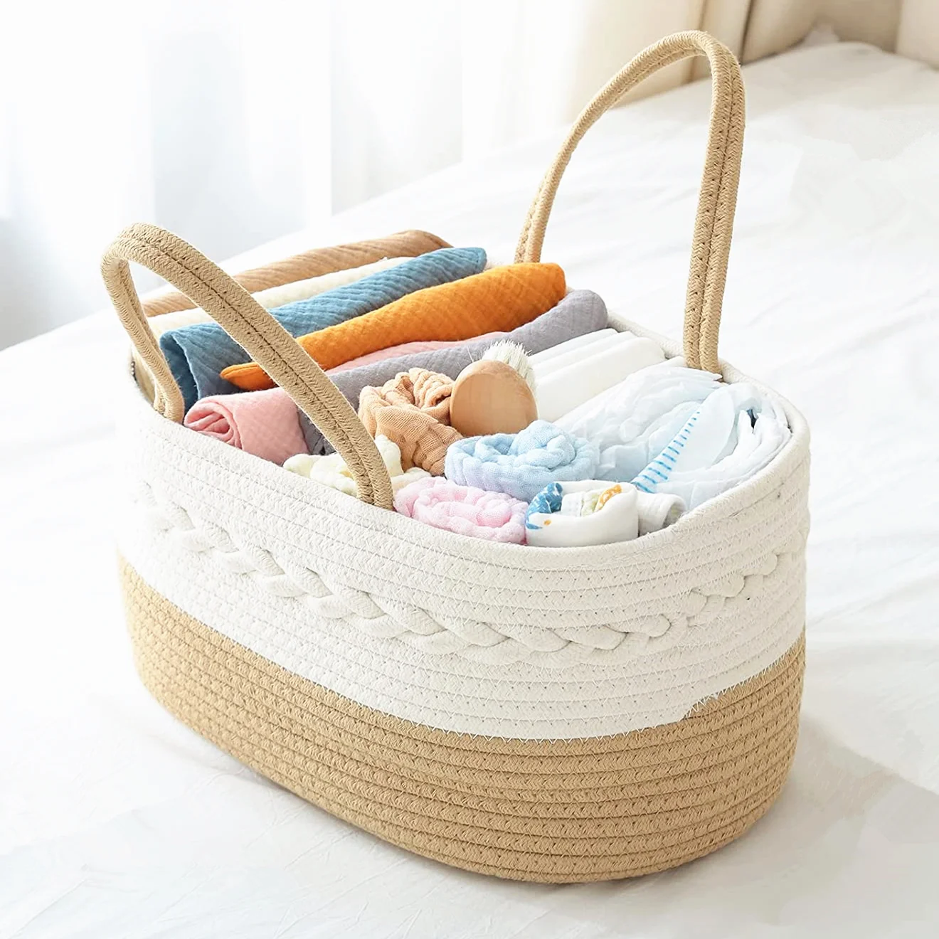 Baby Diaper Caddy Organizer, Rope Woven Nursery Storage Basket with Adjustable Divider, Portable Car Travel Diapers Organizer,