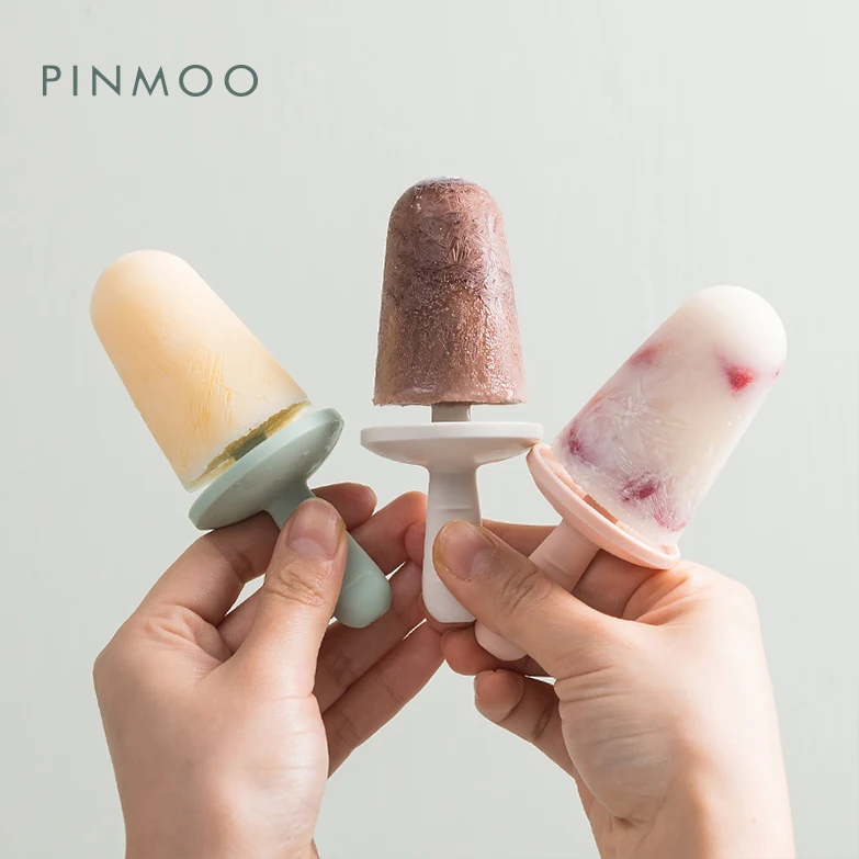 Pinmoo Hot Sale 4 Cavities Cute Silicone Ice Cream Mold Popsicle Mold Ice Pop Mold with Plastic Stick