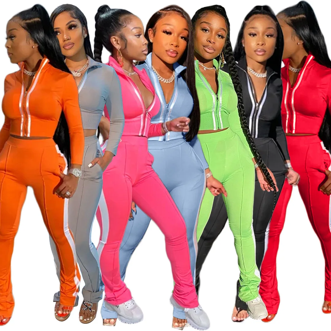 
2020 Women Two Piece Set Tracksuit Autumn Clothes Reflective Side Strip Patchwork Jacket Top and Pants Jogger Suit Outfits 