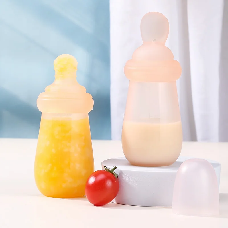 Food Grade Liquid Silicone 2 In 1 Spoon Feeder Rice Cereal Bottle Baby Squeeze Feeding Bottle