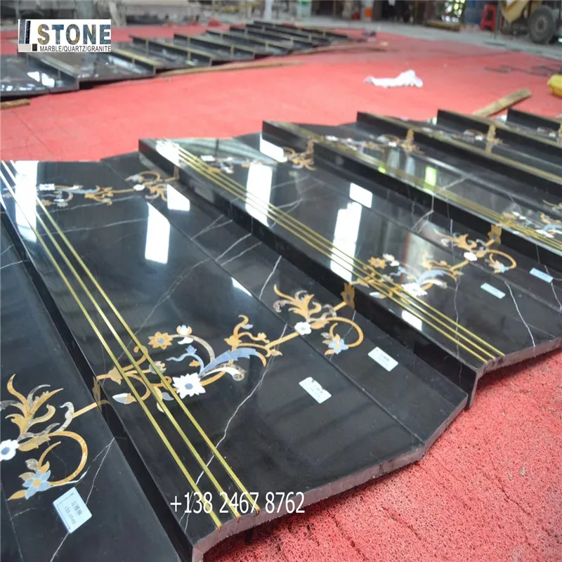 customized stair case black marble stair in marble steps black waterjet stair case flower steps