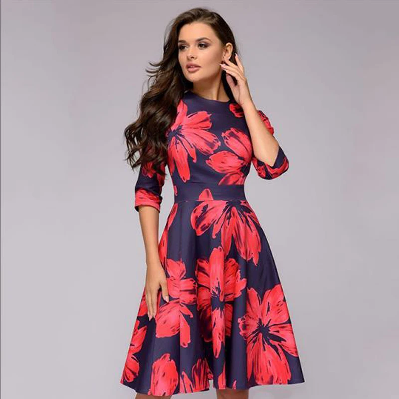 Wholesale Clothes Women Casual Party Midi Slim Dresses Vintage Floral Printed Elegant Casual Life 1 Piece Pleated Accept OEM
