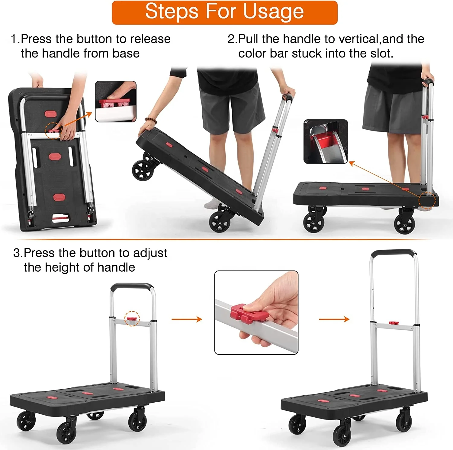 330lbs Multi-purpose design plastic Platform hand Truck four wheel can foldable home use Hand cart 150kg easy taken store Flatbe