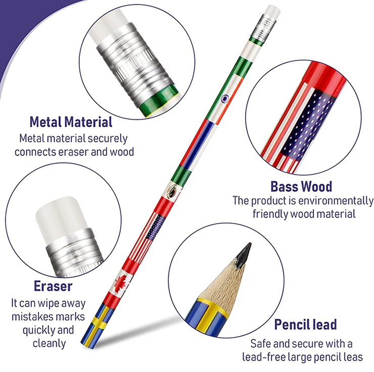 free shipping art natural wood round pencil drawing set kids writing pencils American flag custom for school students