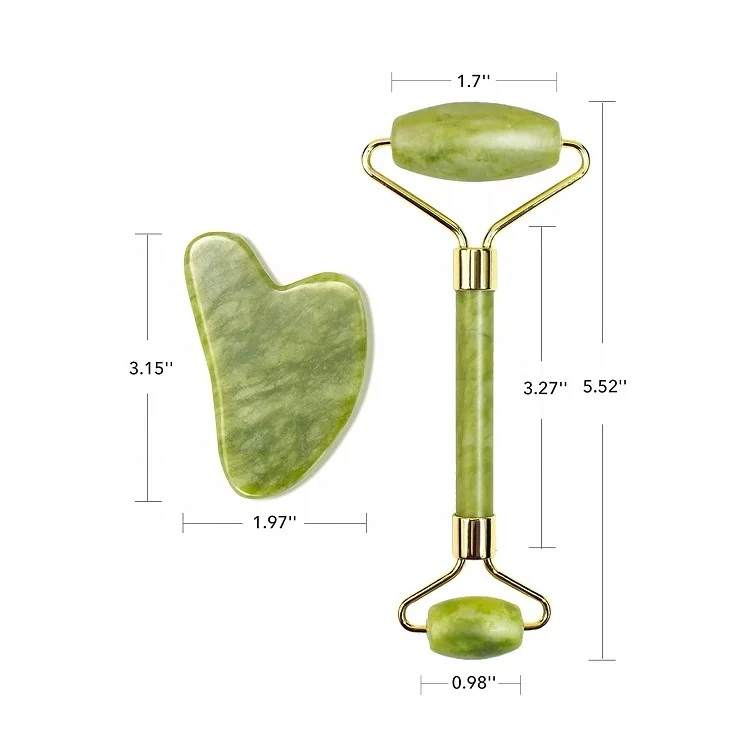 Private Label Skin Lifting Facial Massager Natural Gemstone Green Jade Roller Gua Sha Set