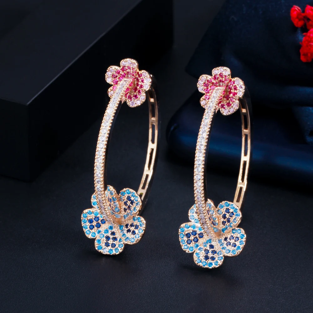 Beautiful Elegant Micro Pave Blue Red CZ Light Gold Plated Big Round Flower Shape Hoop Earrings for Women Jewelry Gift