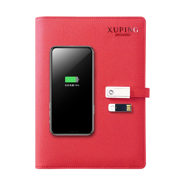 Hi-tech A5 red leather wireless charging notebook with 8000 mah powerbank and 16G USB flash drive