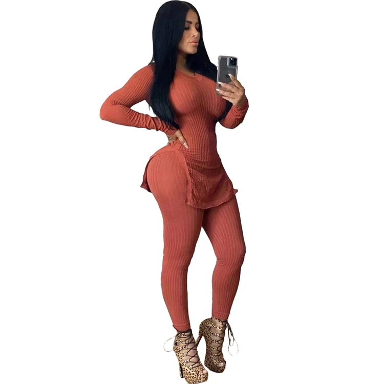 
2020 Latest design Knitted women long sleeve Sexy two piece set women clothing 