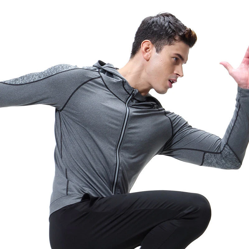 
Gray casual long sleeve jacket male quick-drying gym sports hoodie running stretch zipper fitness hoodie men 