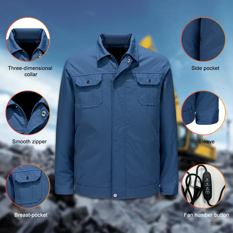 Fashion Blue Long Sleeve Summer Cool Fan Cooling Air Conditioner Jacket Fan Air Conditioning Clothes With Reflective Stripe