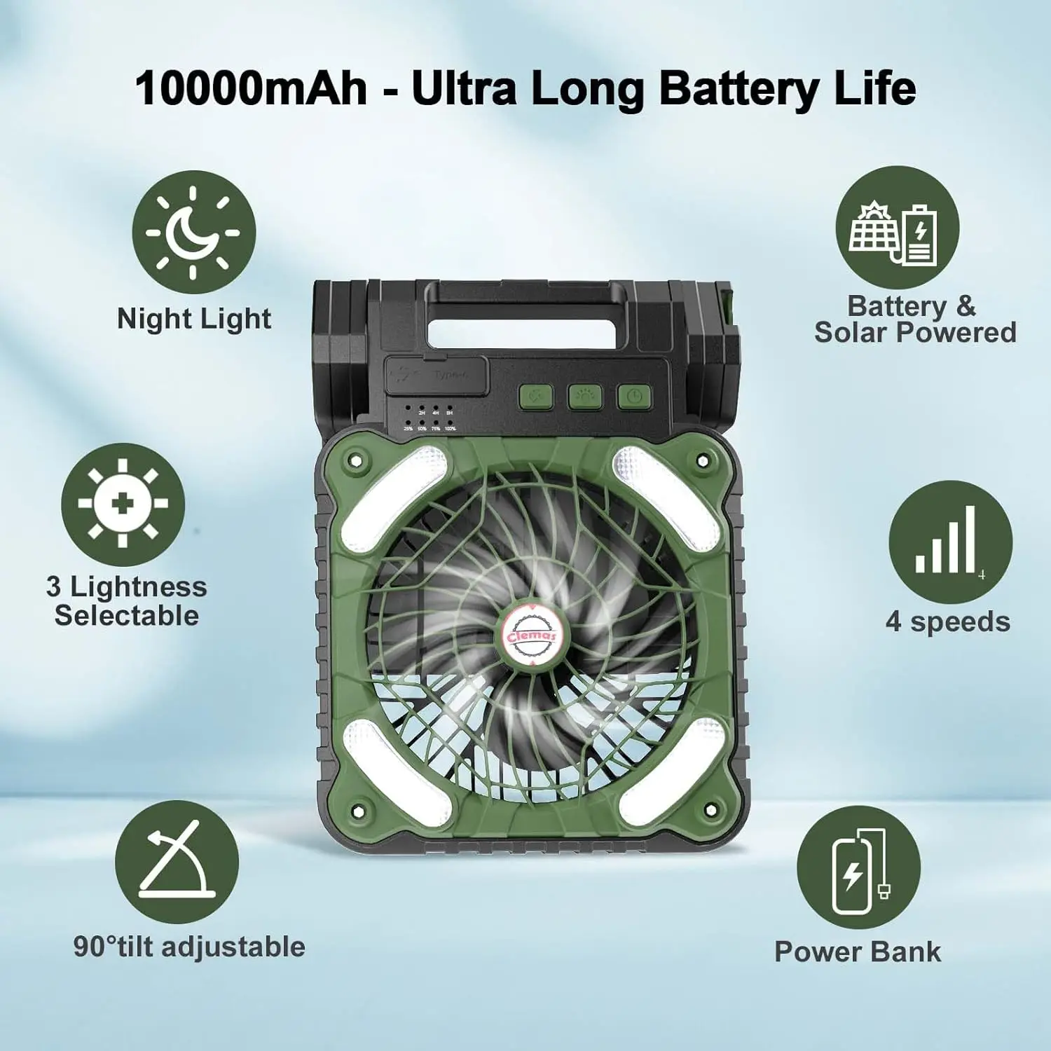 Solar-Powered Camping Fan with LED Lantern 10400mAh Rechargeable Battery Timer Phone Charging and Eco-Friendly Fan