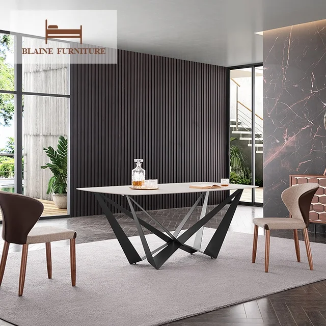 Top Fashion Set Stainless Steel Base 8 Seater Modern Large Wooden Timer Luxury Modern Dining Table And Chair