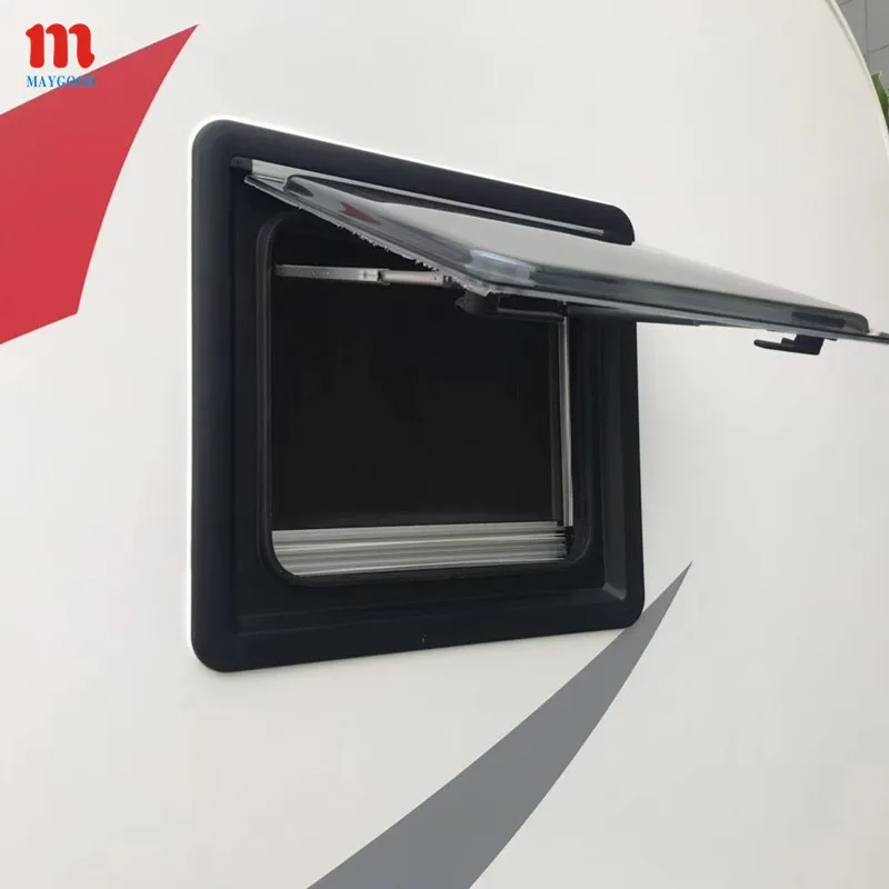 MG16RW 900X550mm black aluminum outer frame and white ABS inner with flynet and sun blind caravan window