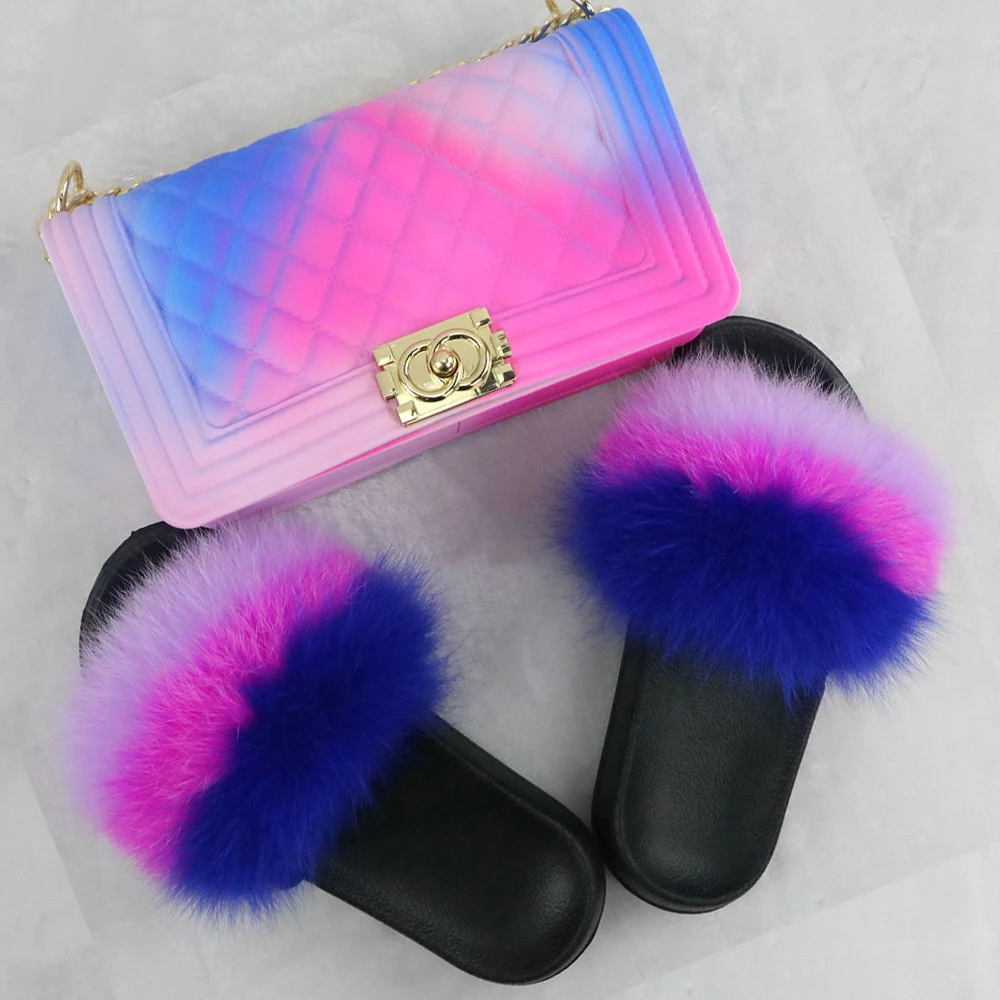 
Factory wholesale Fashionable jelly purse and fur slides sets pvc purses and handbags women 