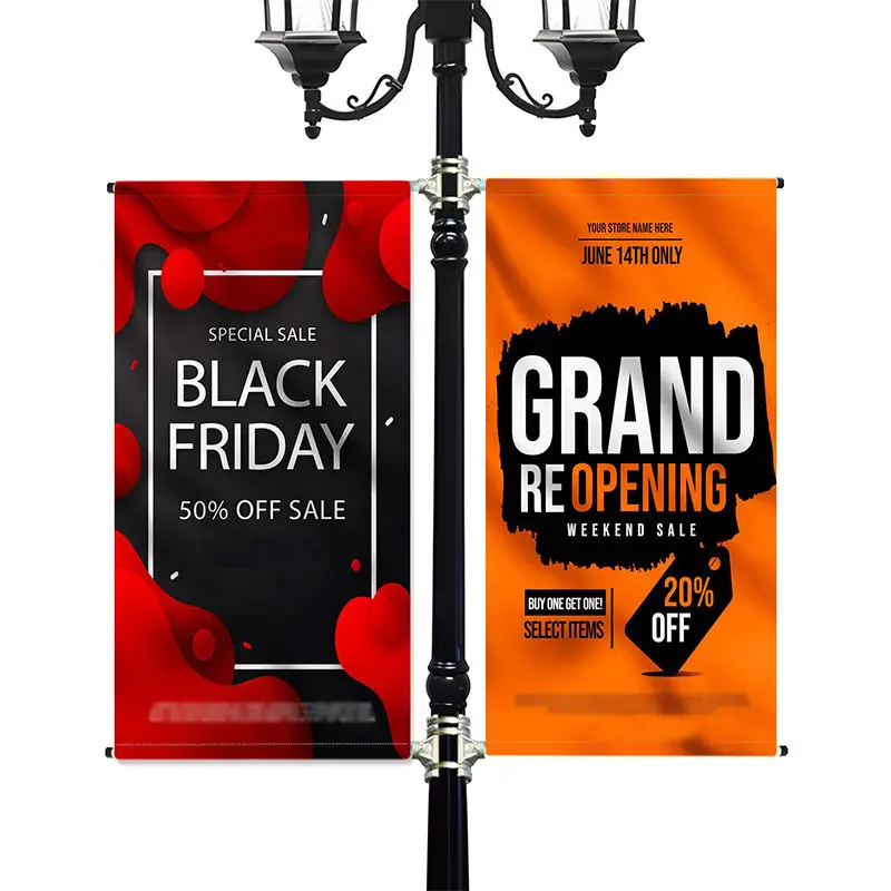 HLY Cheap Low MOQ Double Sided Sublimation Print Campaign Advertising Custom Street Light Pole Banners for Seasonal Promotions