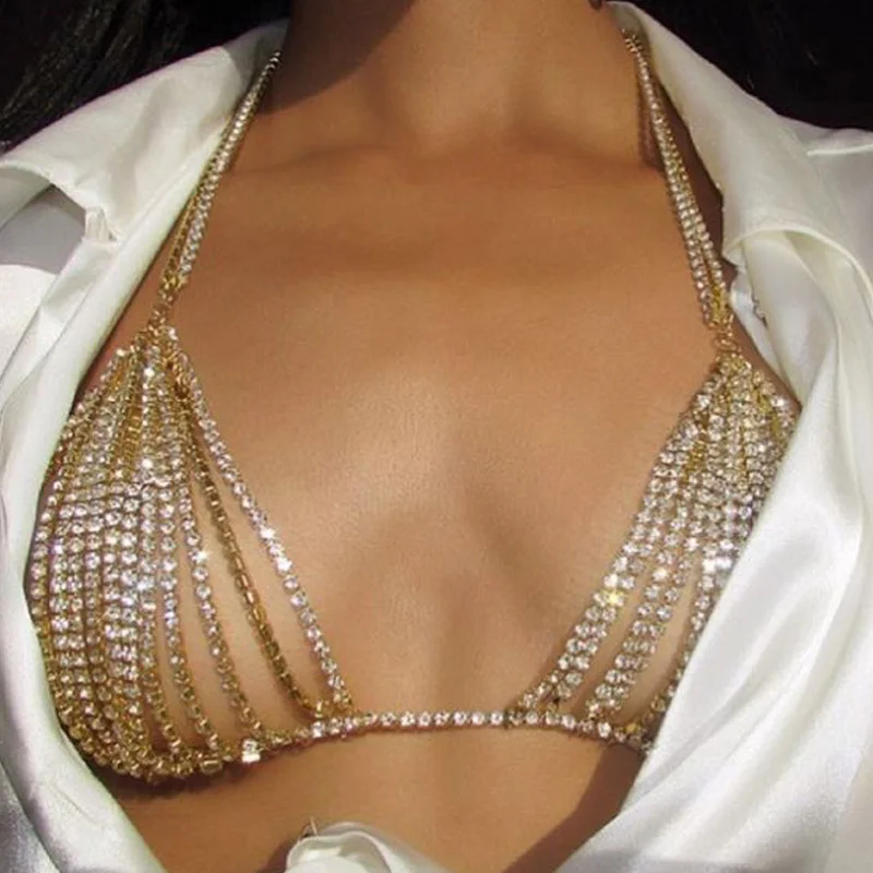  Luxury Crystal Rhinestone Bra Chain Body Jewelry Sexy for Women Bikini Lingerie Beach Dance