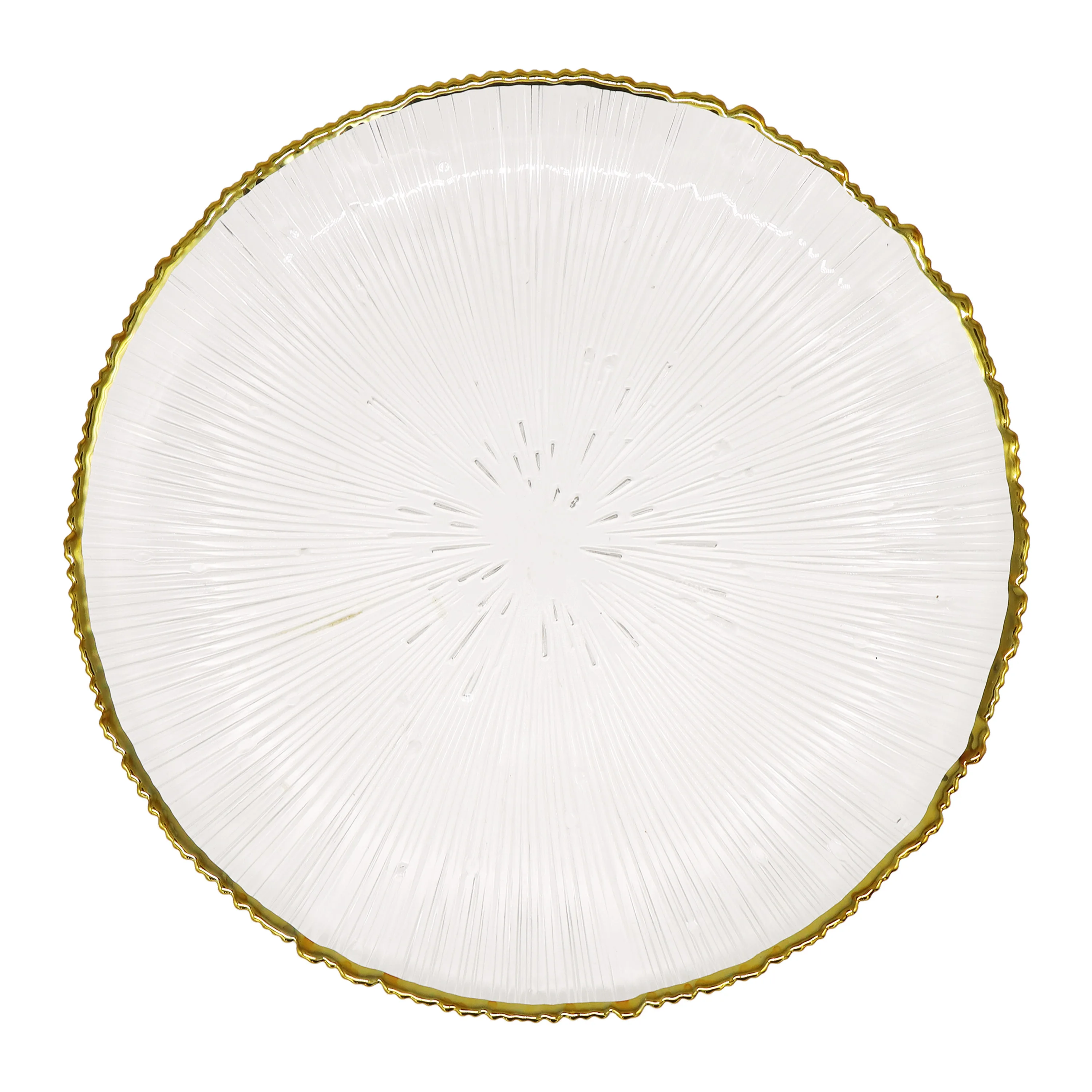 13-inch Clear Glass Round Charger Plates for Weddings Churches Restaurants and Events with a rose gold silver or gold rim