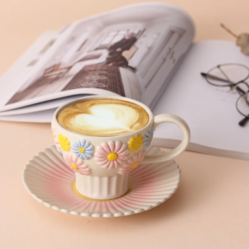 Hand Made Creamic Relief Flower Ceramic Coffee Mug Emboss Ceramic Mug Luxury Afternoon Tea Cup Set