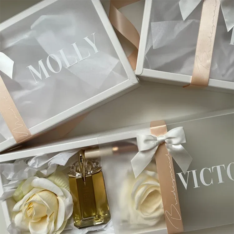Personalized Empty Gift Boxes For Bridesmaid Proposal Bridal Party Gift Boxes With Pet Clear Lid Custom Logo Ribbon