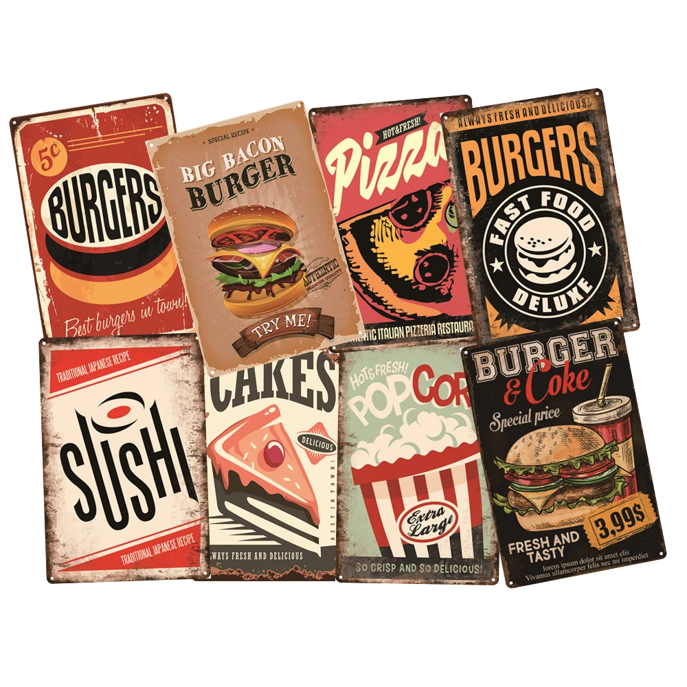 Vintage Coffee Candy Plaque Burgers Fries Metal Tin Sign Cafe Home Room Decor Fast Food Metal Plate Dinning Wall Poster