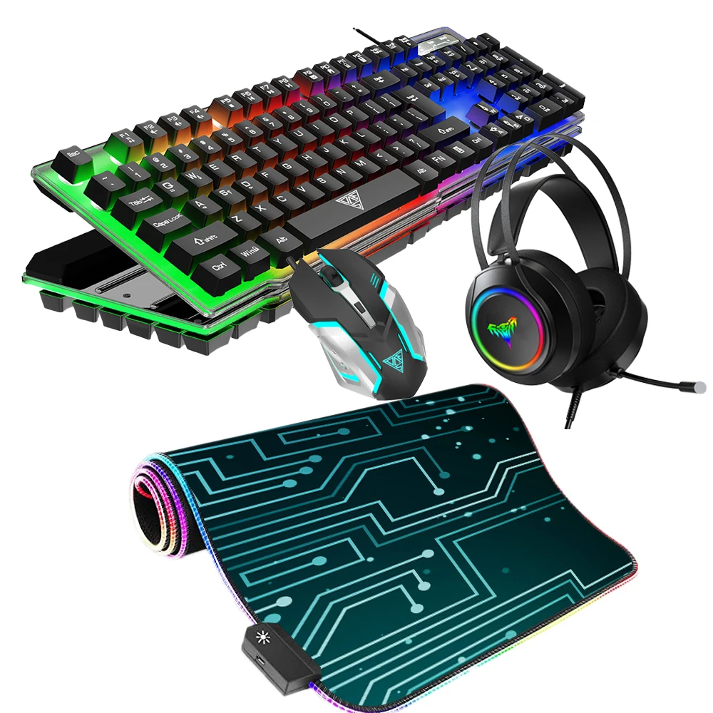 Проводная Механическая цветная подсветка RGB клавиатура Usb МЫШЬ светодиодная гарнитура комбинированная игровая клавиатура мышь комбинированная