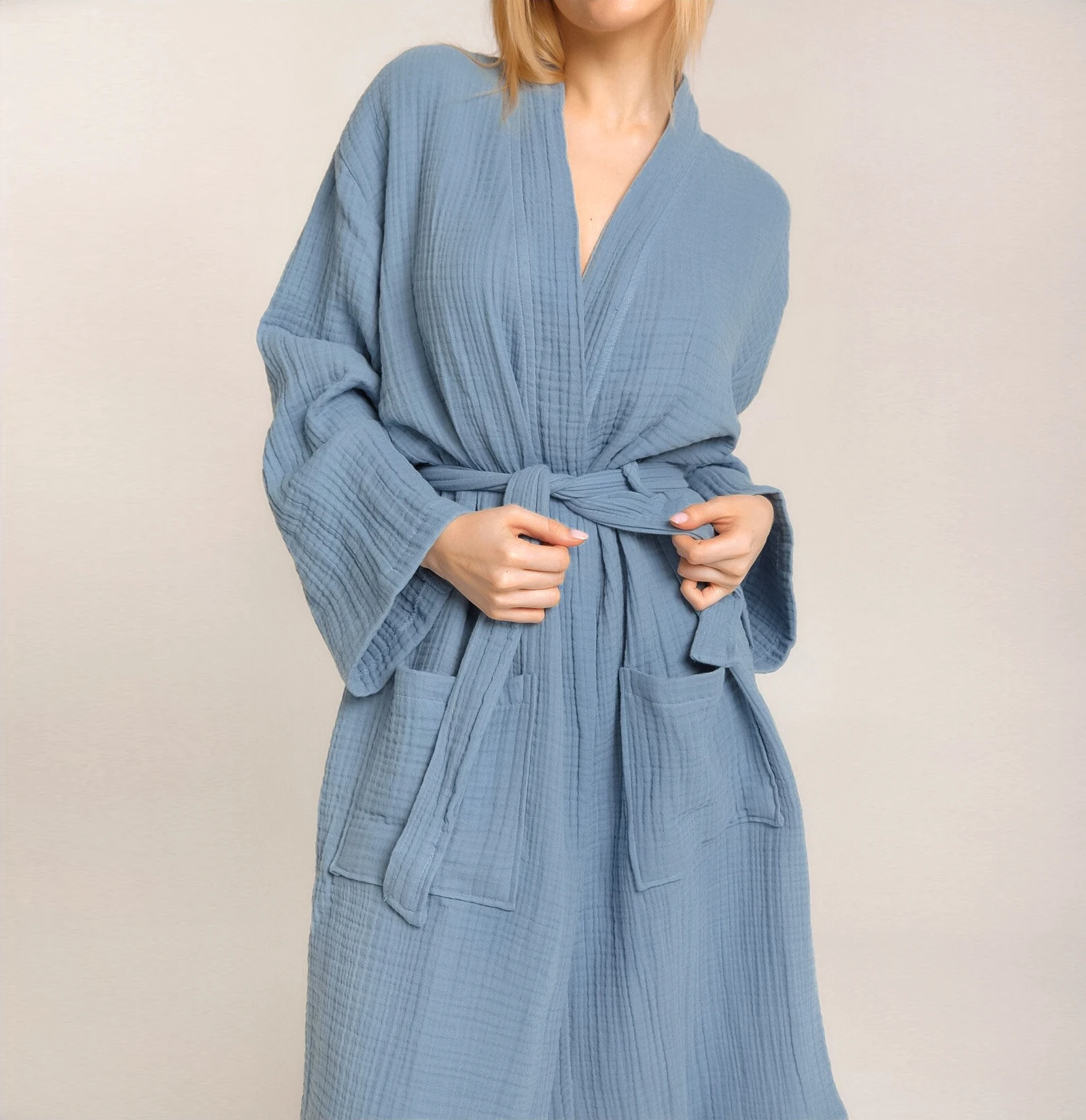 Lady Brown Blue Bath Spa Hotel Sleepwear Cotton Robe Shower Wrap Knee Length Dressing Gown Bathing Spring Gauze Women Bathrobe