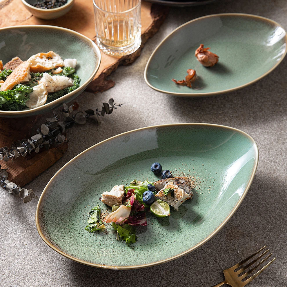 Custom Pattern Crockery Soup Plate Dinnerware Unique Shiny Green Color Porcelain Irregular Soup Plate For Restaurant vajilla