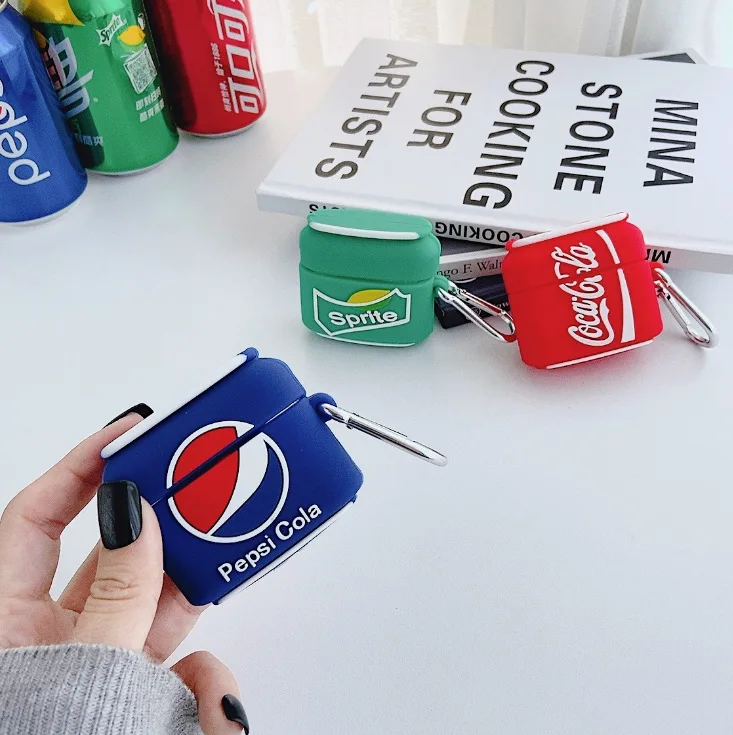 Hot Sale 3D Cola Sprite Bottle Design Earphone Case with Clip for Airpods Pro Cartoon Soft Drinks Style Cover for Airpods 1/2