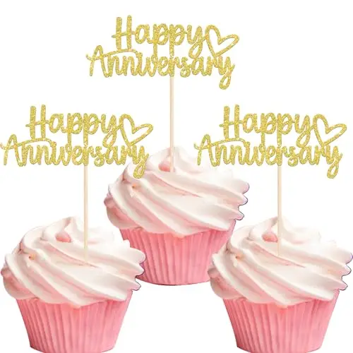 Happy Anniversary Decoration with Gold Glitter Happy Anniversary Cake Topper for Weeding Anniversary Party Decorations Supplies