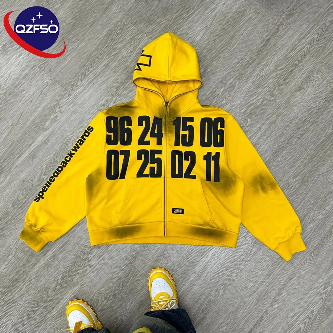 QZFSO High Quality Pullover Screen Print Full Zip Up Acid Washed Hoddie Custom Logo 700 gsm Heavyweight Zipper Sun Faded Hoodie