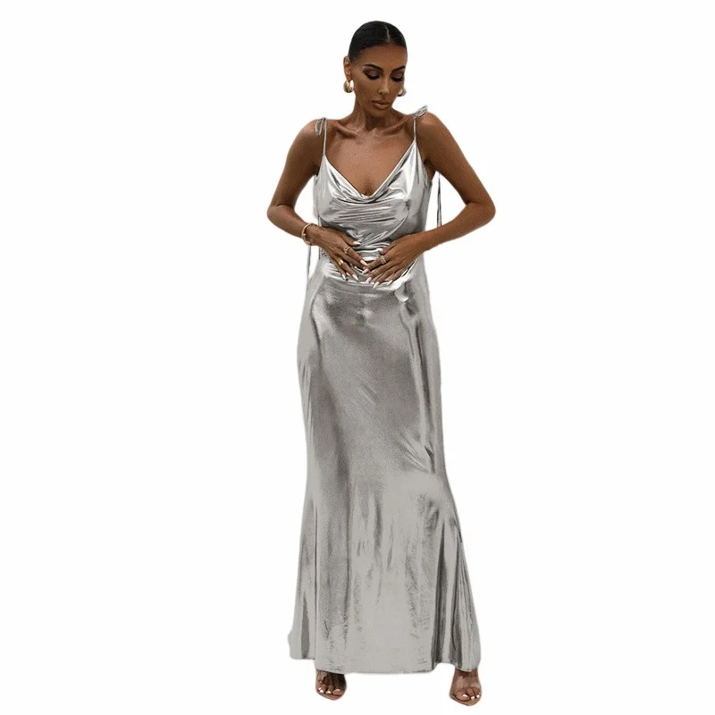 Sexy Party Club New Arrivals Women Maxi Dress V-neck Halter Backless Fishtails Style Metallic Elegant Dress Lady Fashion Clothes