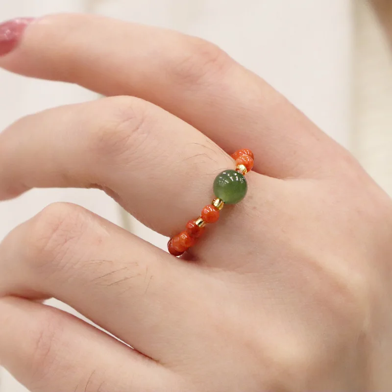 Natural heather red jasper elastic ring female good luck auspicious index finger ring
