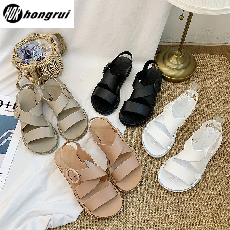 Wholesale ladies sandals retro traditional cross upper jelly shoes bottom non-slip soft fashion flat sandals women