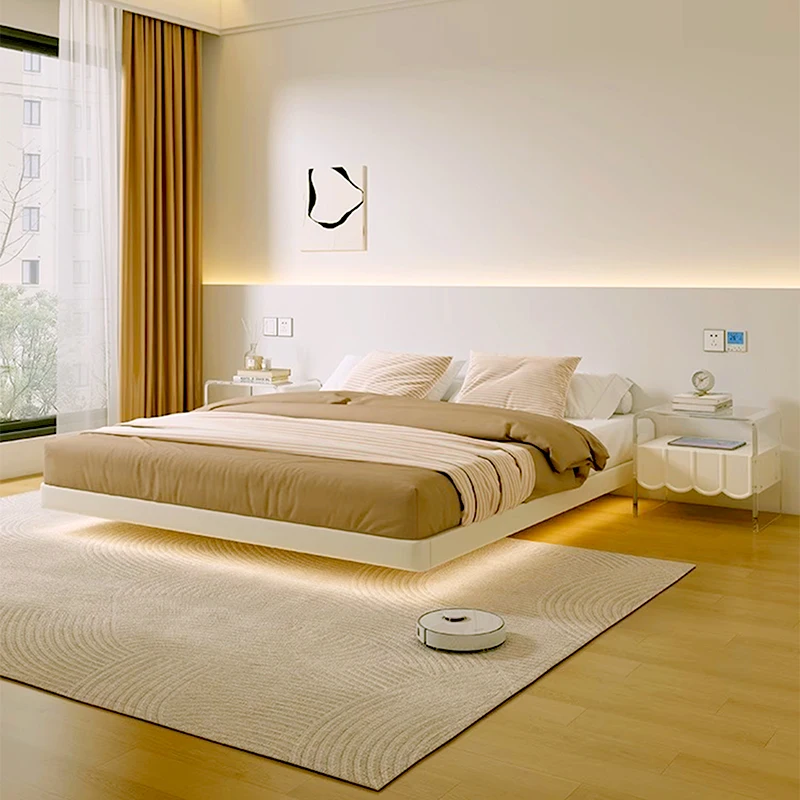 No headboard floating bed Modern simple small flat with edge double bed cream style master bedroom hanging leather bed wedding b