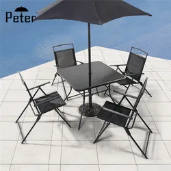China Garden Furniture Home Leisure Way Patio Outdoor 4 Seater Metal Dining Set with Foldable Chairs, Glass Table, Umbrella